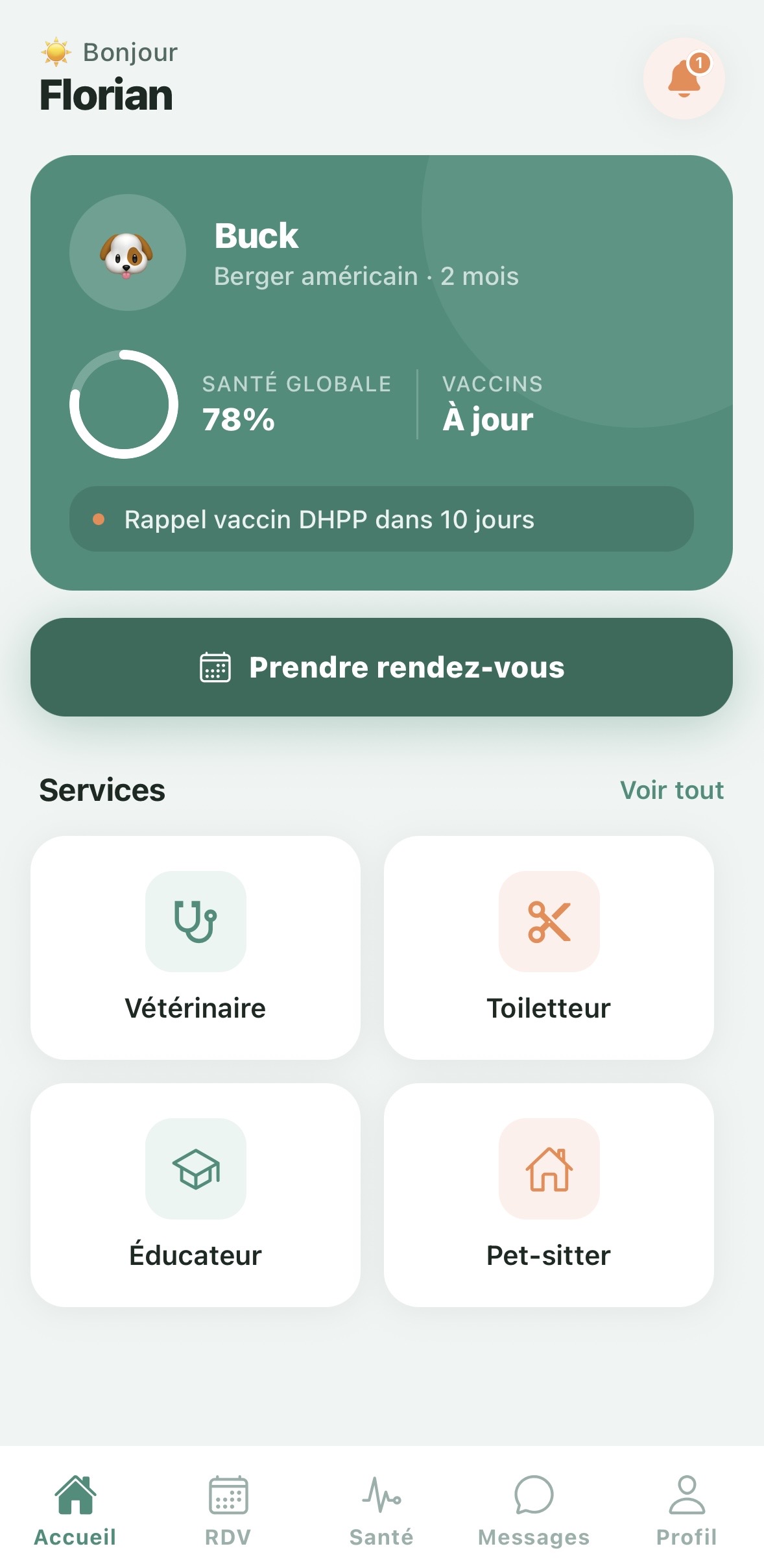 ZoiCare home screen with appointment booking and pet services