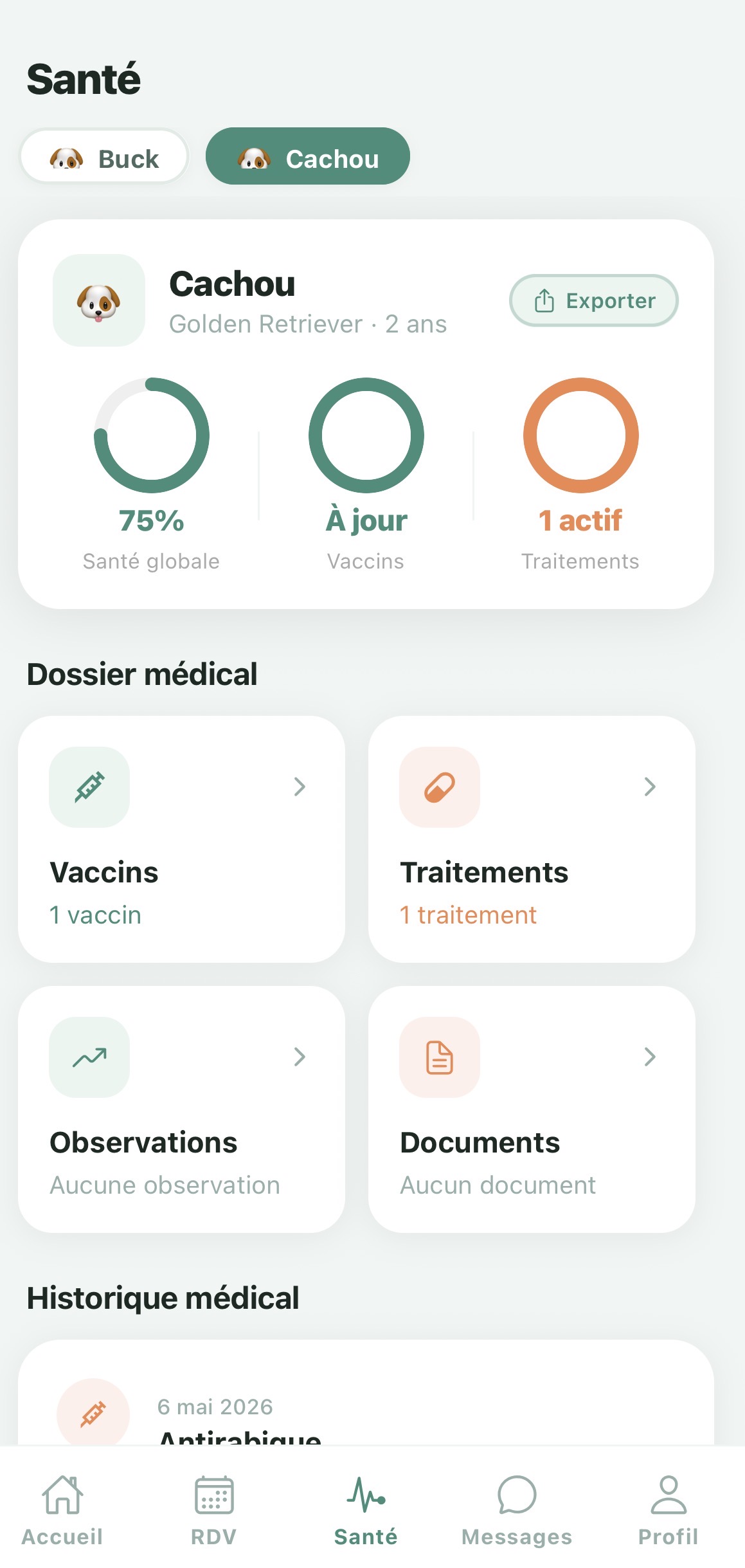 ZoiCare health screen with vaccines, treatments, notes and documents